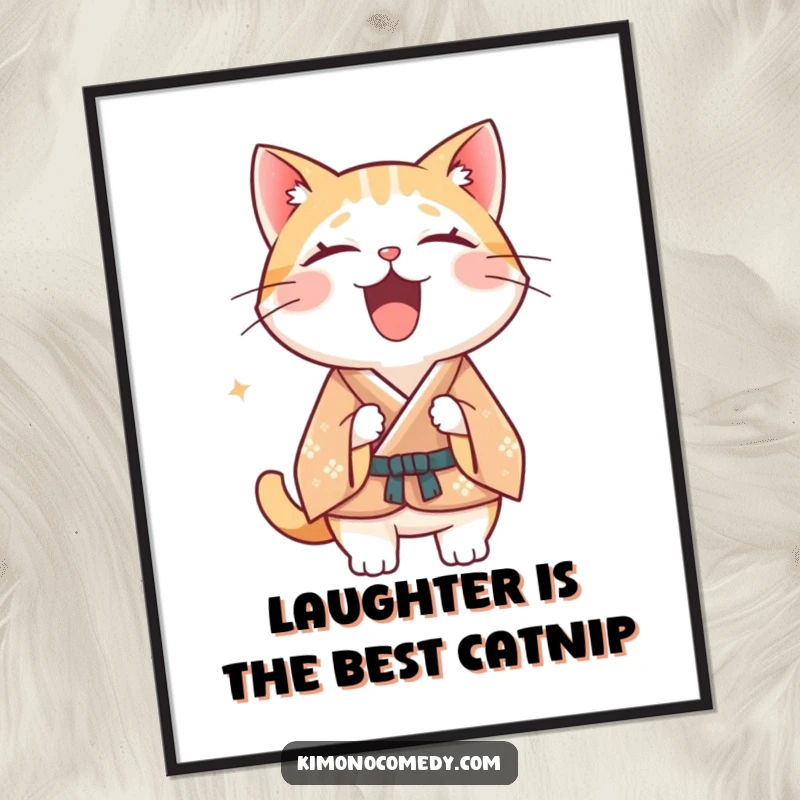 Funny Free Printable Wall Art of a Kawaii cat in a formal kimono caught mid-burst of hilarious, joyful laughter.