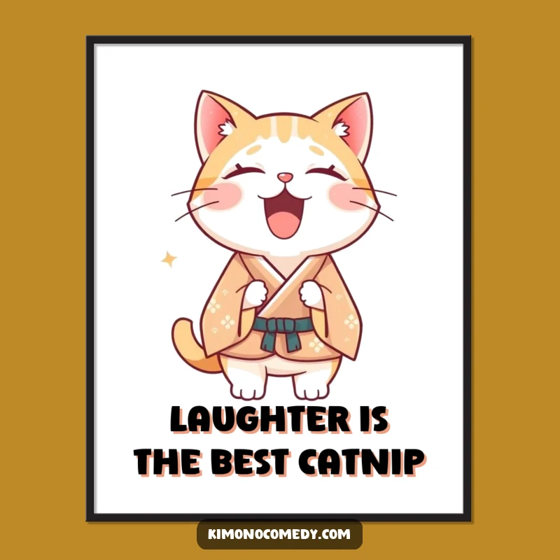Funny Free Printable Kawaii Cat Art: Laughing Kimono Downloadable Wall Decor