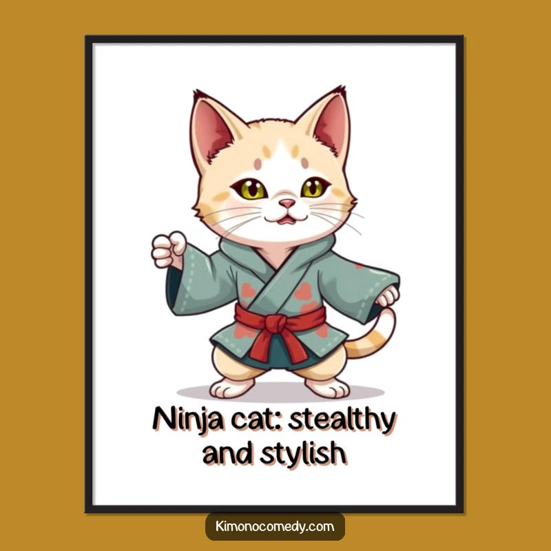 Free Printable Ninja Cat Kimono Wall Art - Dynamic Pose Downloadable Decor