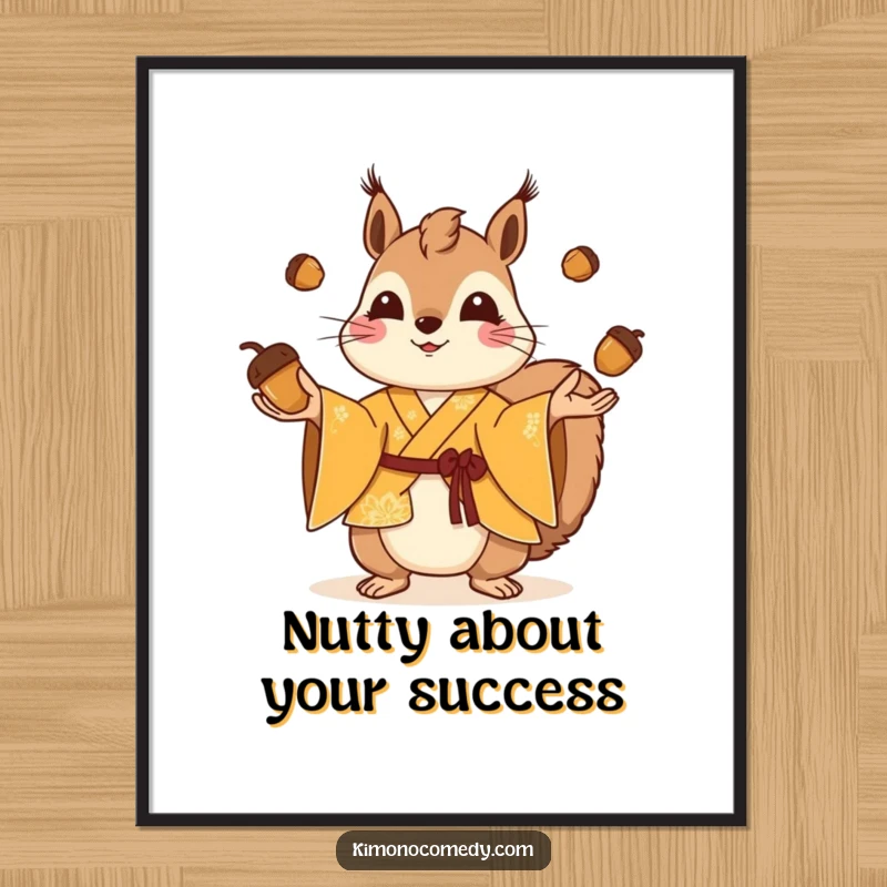 Funny Free Printable Wall Art: A playful squirrel wearing a bright kimono skillfully juggles a pile of tiny acorns.