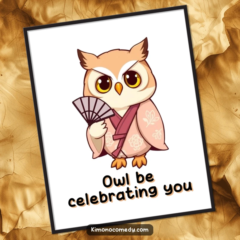 Funny Free Printable Wall Art of a stylish owl in a kimono, holding a fan with a knowing look, perfect decor.