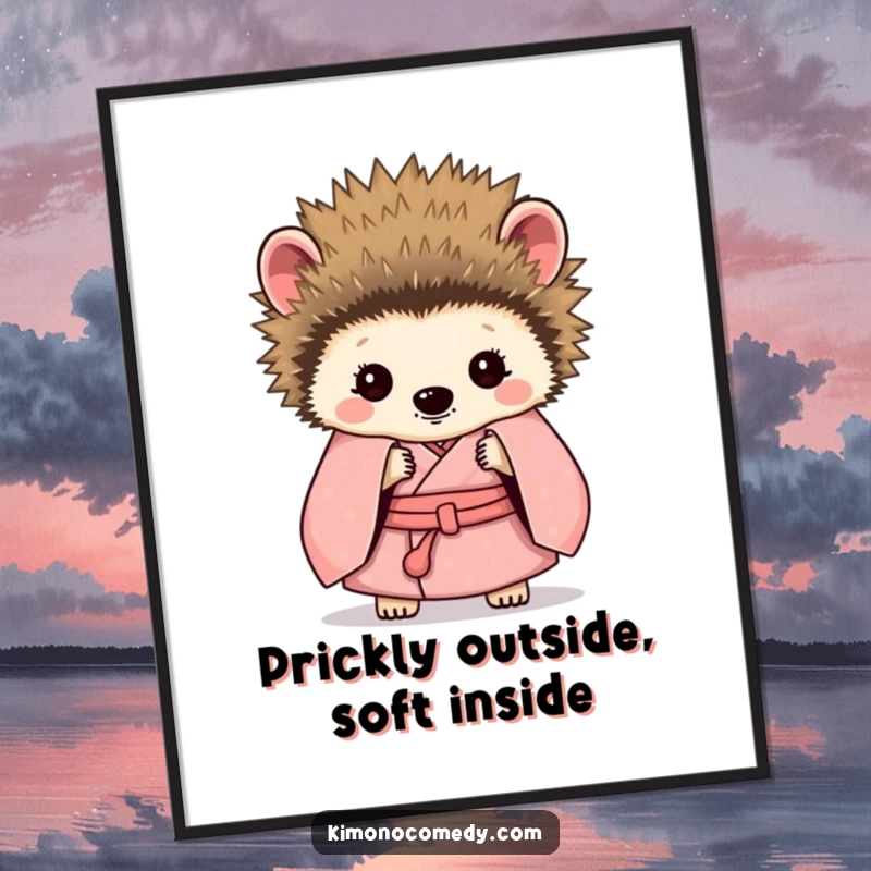 Funny free printable wall art of a shy hedgehog wearing a kimono, peeking out from behind its protective quills.