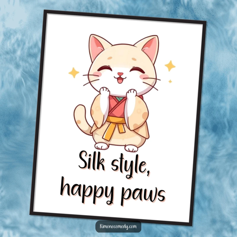 Funny Free Printable Wall Art: A Kawaii cat in a beautiful silk kimono enthusiastically claps its paws, spreading happiness.