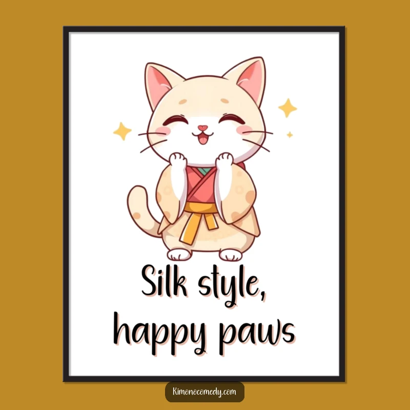 Free Printable Wall Art: Funny Kawaii Cat Clapping Kimono - Joyful Downloadable Decor