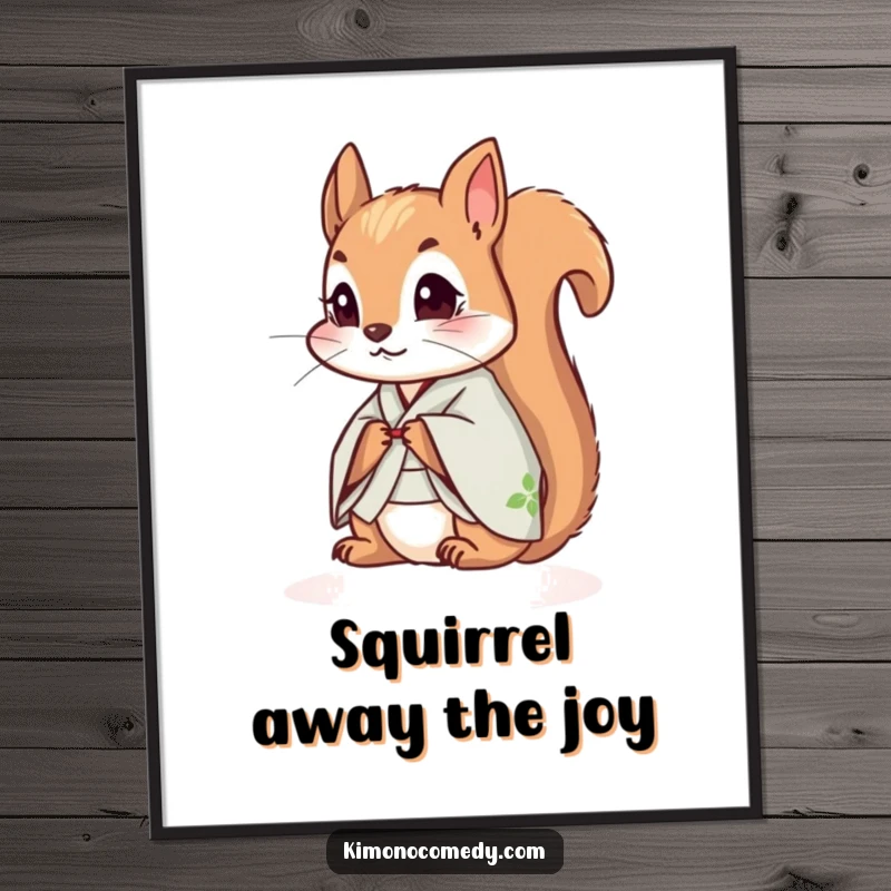 Funny Free Printable Wall Art of a small squirrel in a kimono, looking curiously around, adding playful decor.