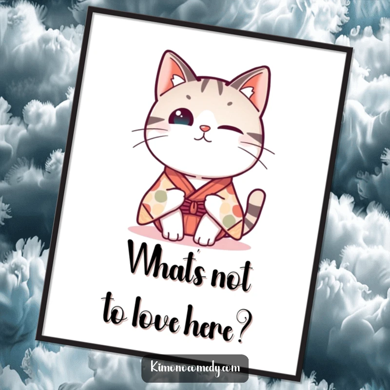 Funny Free Printable Wall Art of a Kawaii cat in a whimsical kimono, tilting its head with an expression of gentle curiosity.