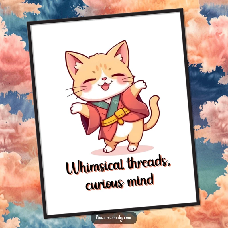 Funny Free Printable Wall Art: A Kawaii cat in a whimsical kimono curiously tilts its head, adding playful decor.