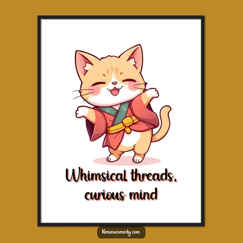 Free Printable Wall Art: Funny Kawaii Cat Curious Kimono - Whimsical Downloadable Decor