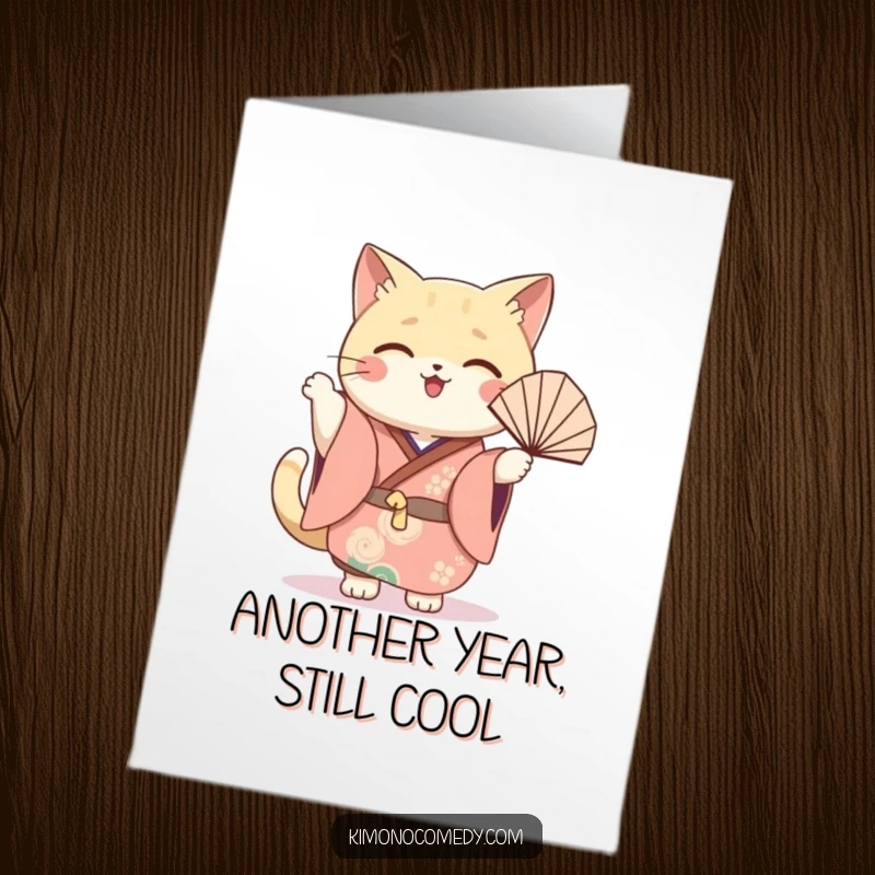 Funny Free Printable Birthday Card: Kawaii cat in festive kimono, joyfully waving a decorative fan with excitement.