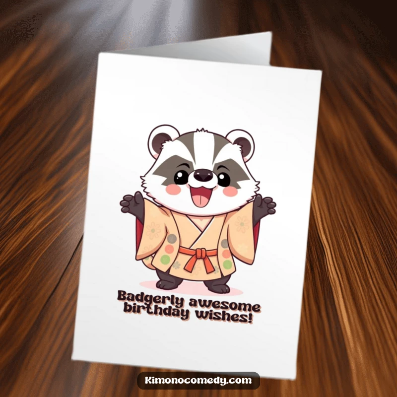 Funny Free Printable Birthday Card: Delighted kawaii badger in a kimono striking a triumphant pose.