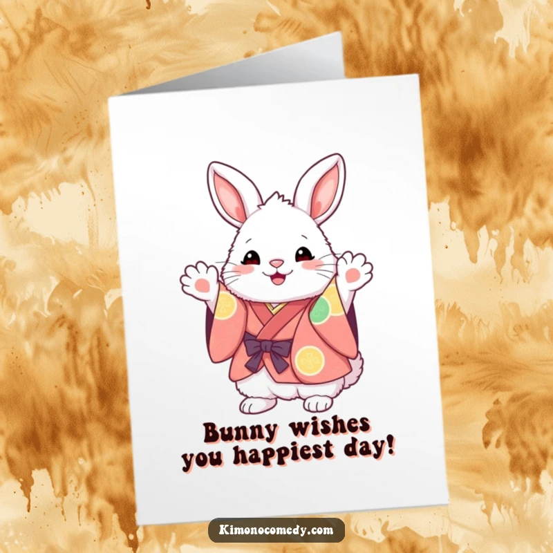 Funny Free Printable Birthday Card: Fluffy kawaii bunny in a vibrant kimono waving paws enthusiastically.