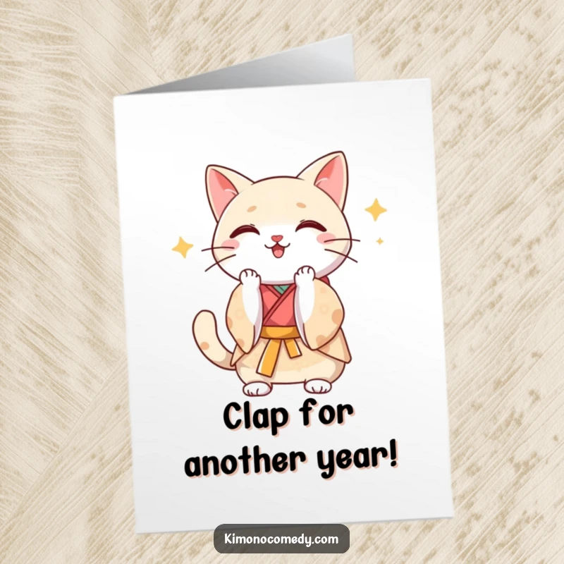 Funny Free Printable Birthday Card: Kawaii cat in a fancy silk kimono claps its paws with immense, joyful enthusiasm.