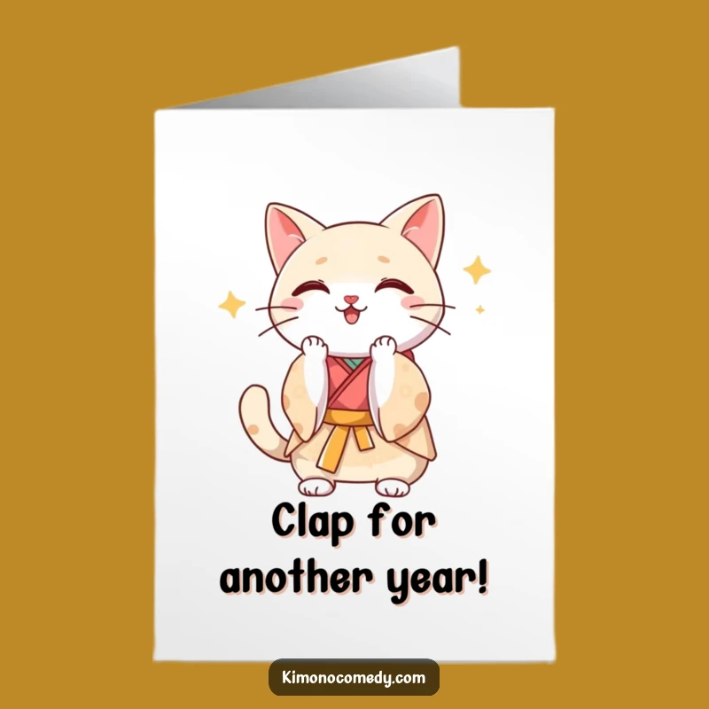 Free Printable Funny Birthday Card: Kawaii Cat Clapping Kimono - Joyful Downloadable Gift