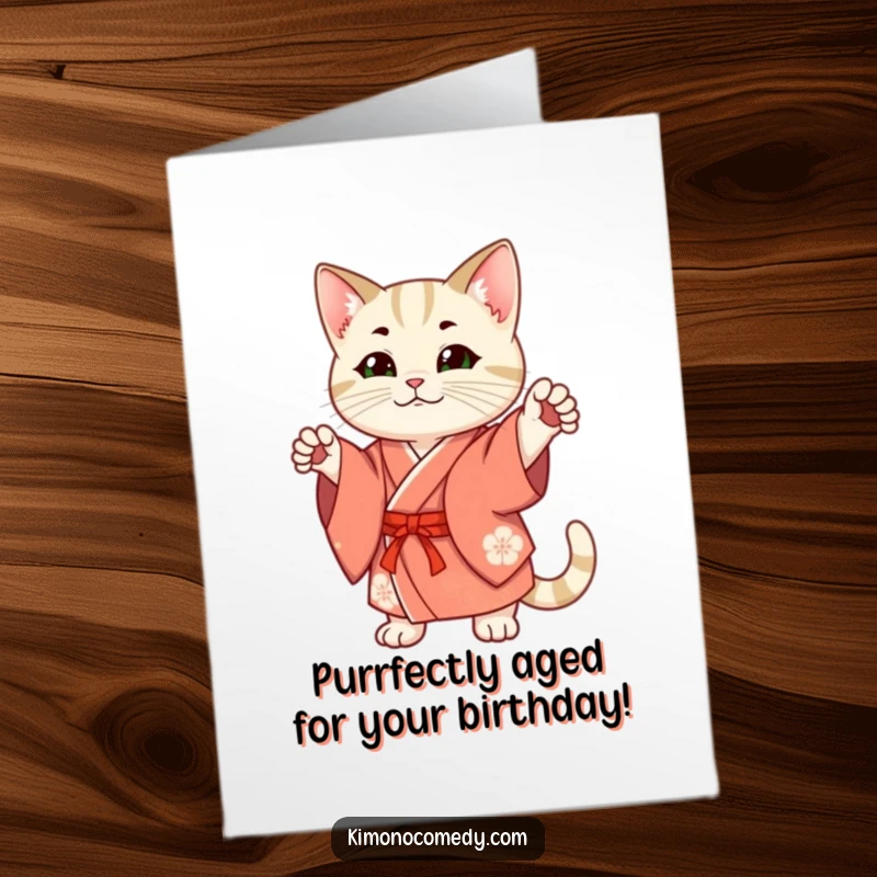 Funny Free Printable birthday card: a sophisticated cat dons a traditional kimono, striking a confident pose.
