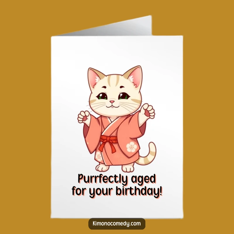 Free Printable Birthday Card: Chic Cat Kimono Pose, Downloadable Gift for Style Lovers
