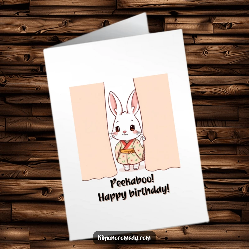 Funny Free Printable Birthday Card: Curious kawaii rabbit in a floral kimono peeks from behind a curtain.