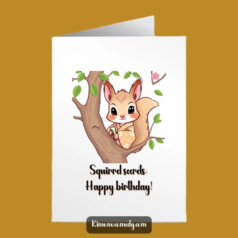 Free Printable Birthday Card: Curious Squirrel in Kimono Peeks with Joy