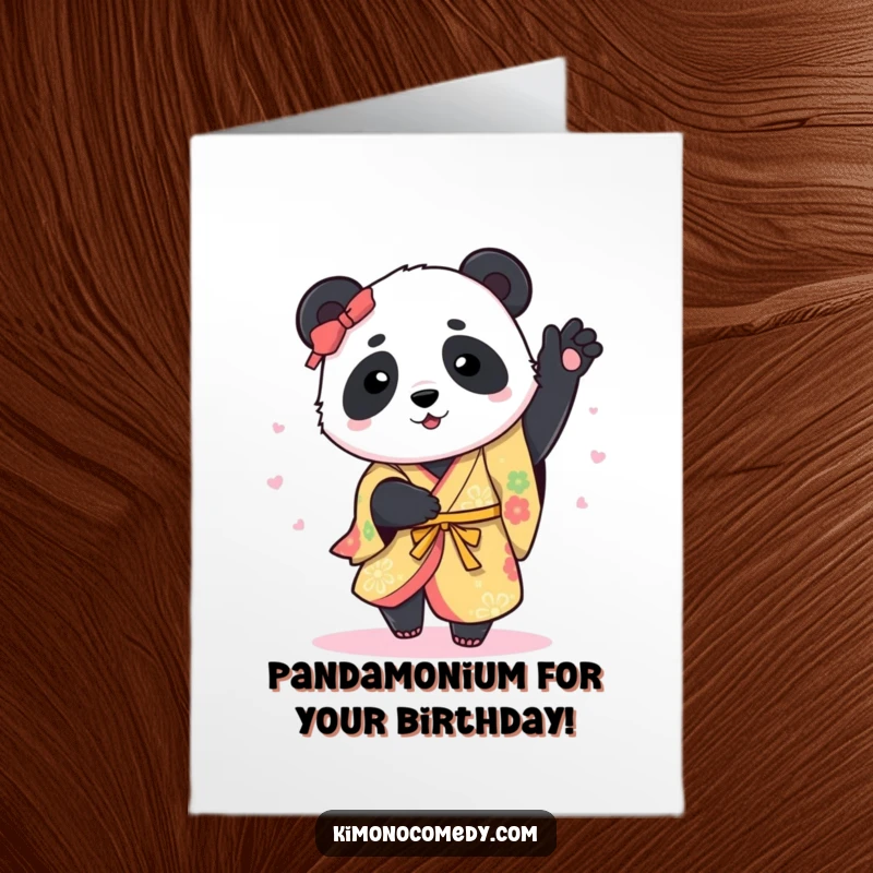 Funny Free Printable birthday card: a plump panda in a vibrant kimono gracefully spinning with excitement.