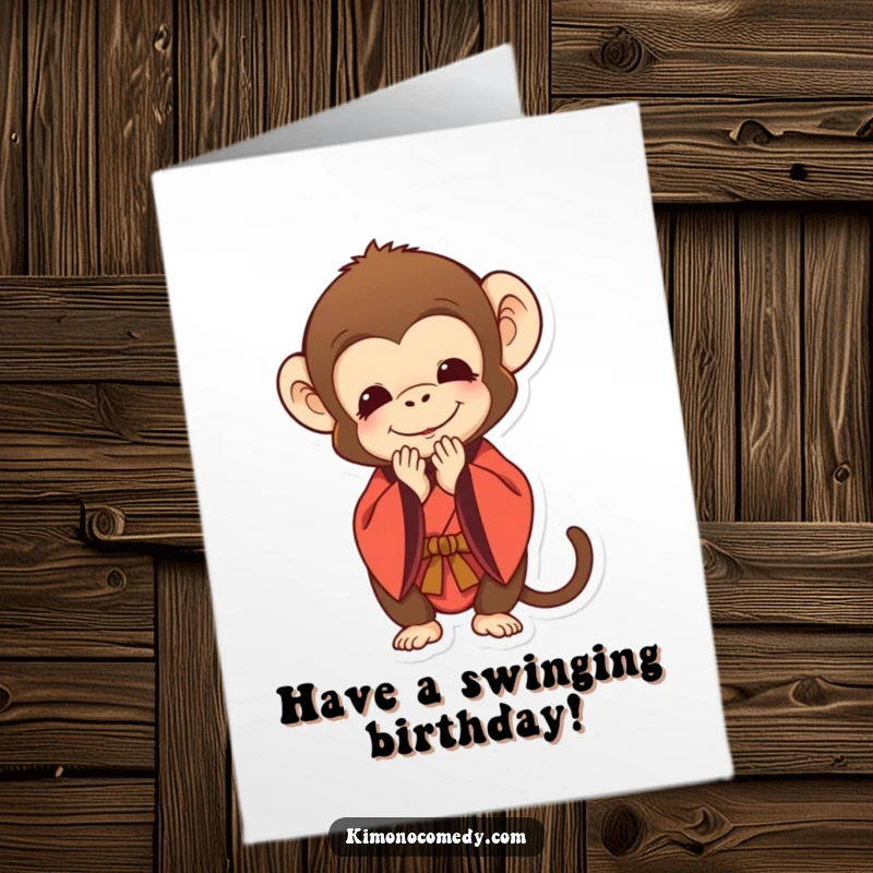 Funny Free Printable Birthday Card: A monkey in a kimono bows deeply with a very polite and sweet smile.