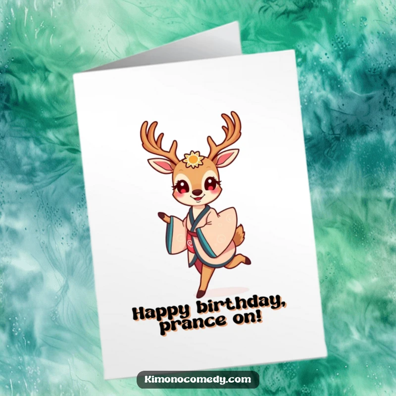 Elegant Free Printable Birthday Card featuring a smiling kawaii deer in a kimono prancing gracefully with delight.