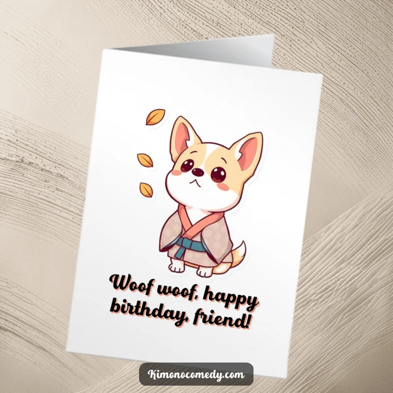 Funny Free Printable Birthday Card: A surprised dog in a patterned kimono with perked ears looks at a falling leaf.