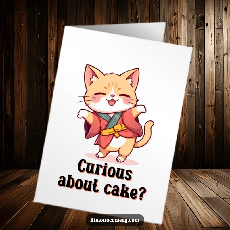 Funny Free Printable Birthday Card: Kawaii cat in a quirky kimono curiously tilts its head, inviting a closer look.