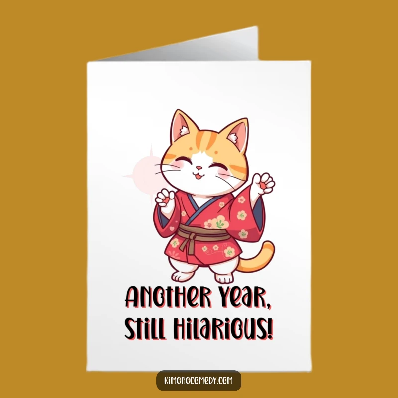 Free Printable Funny Birthday Card: Kawaii Cat Kimono Pose - Hilarious Downloadable Gift