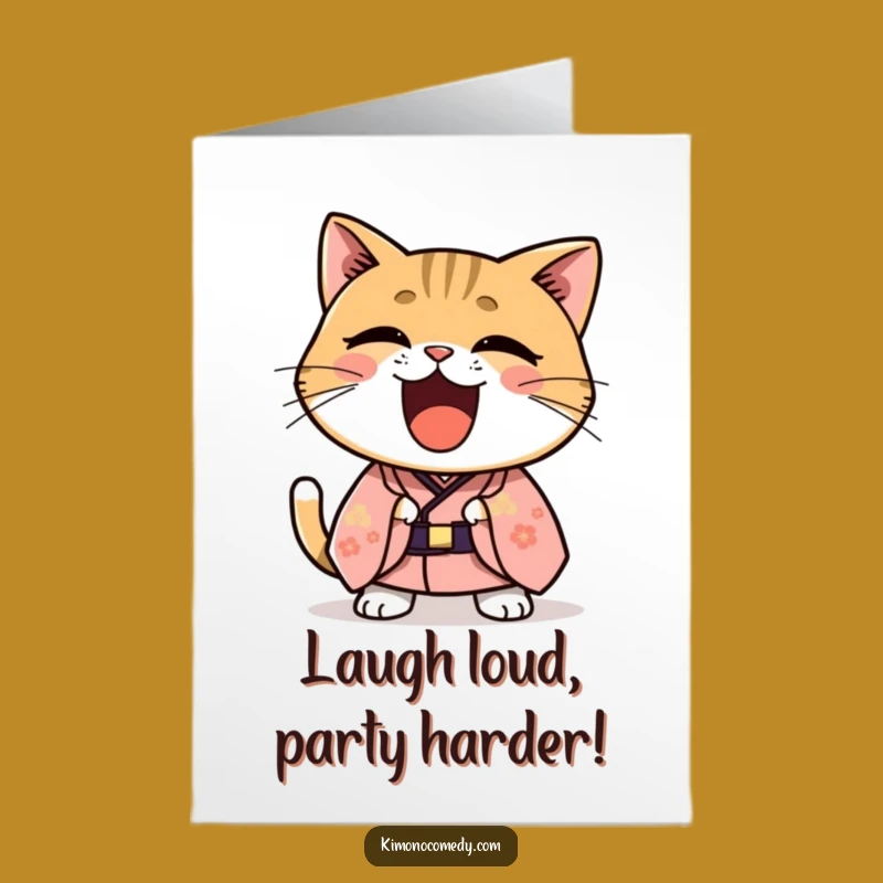 Free Printable Funny Birthday Card: Kawaii Cat Laughing Kimono - Hilarious Downloadable Gift