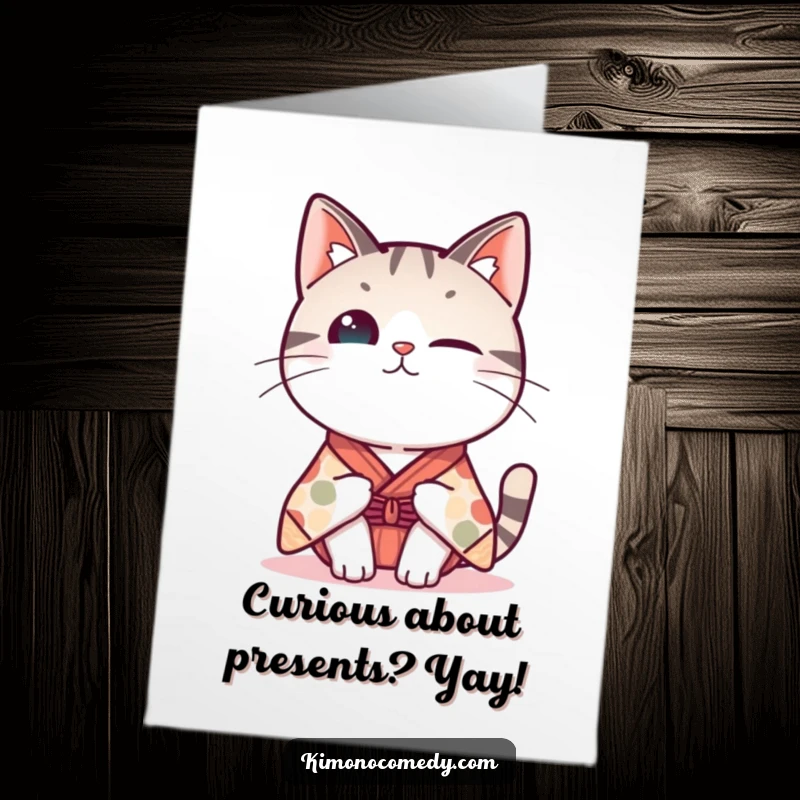 Funny Free Printable Birthday Card showing a Kawaii cat in a whimsical kimono tilting its head with endearing curiosity.