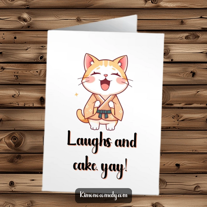 Funny Free Printable Birthday Card featuring a Kawaii cat in a formal kimono completely bursting into uncontrollable laughter.