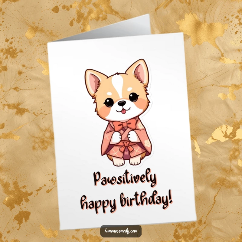 Funny Free Printable Birthday Card featuring a dog in a detailed kimono, performing a polite and humorous bow.