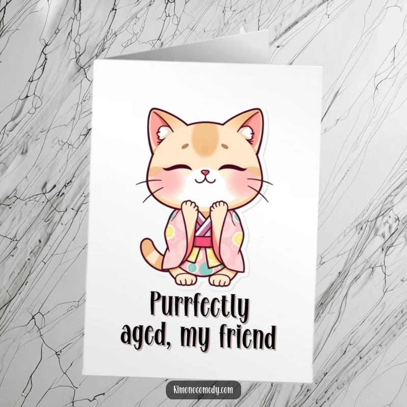 Funny Free Printable Birthday Card: Kawaii cat in a vibrant kimono, bowing deeply with a sweet, polite smile.