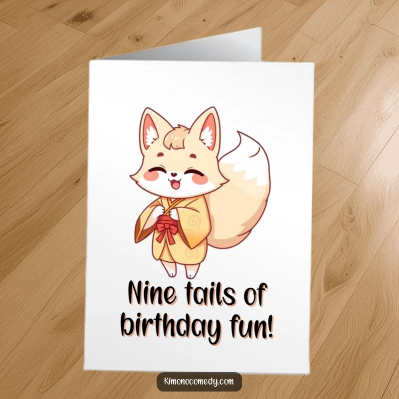 Funny Free Printable Birthday Card: Giggle kawaii kitsune in pink kimono wagging its many tails.