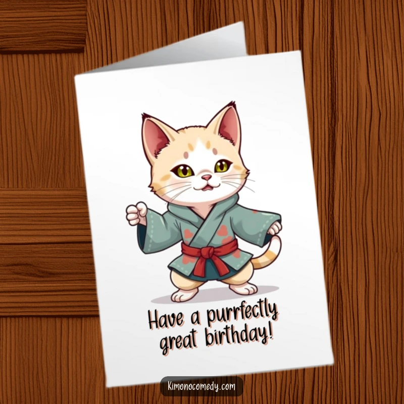 Funny Free Printable Birthday Card: Playful kawaii cat in a colorful kimono striking a dynamic ninja pose.