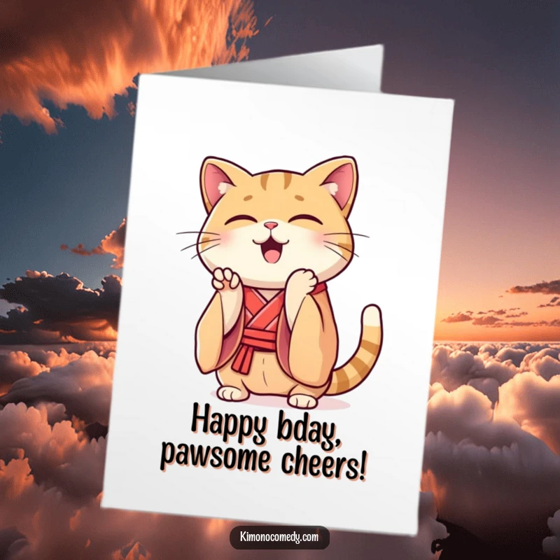 Funny Free Printable Birthday Card featuring a Kawaii cat in a silk kimono enthusiastically clapping its paws in celebration.