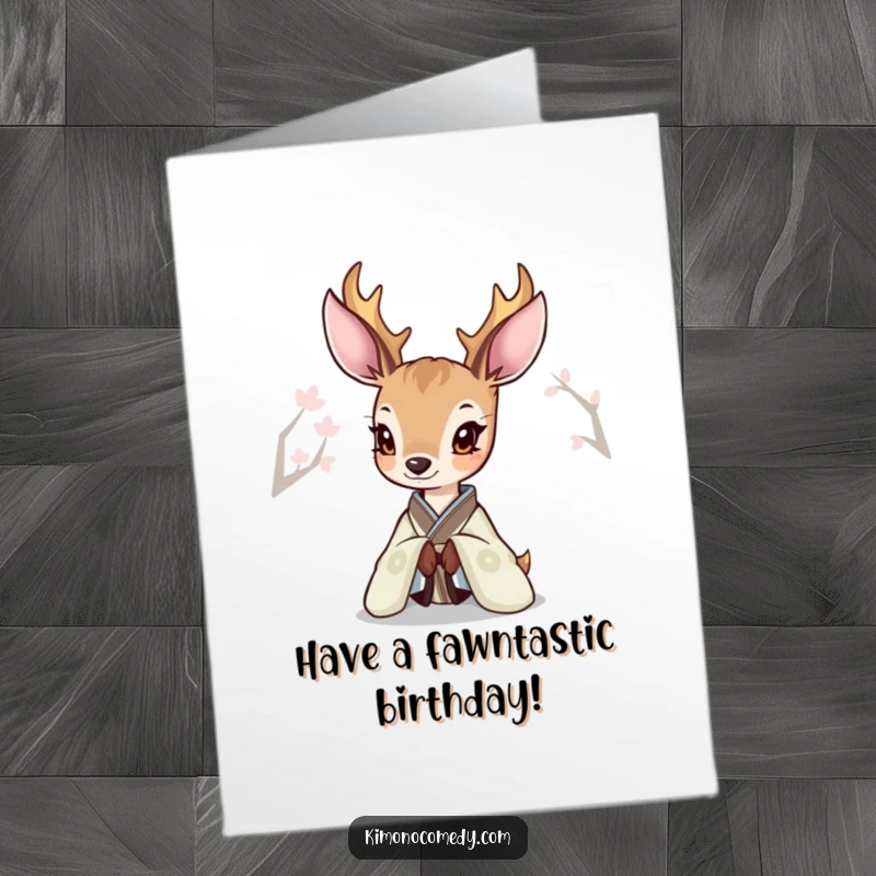 Funny Free Printable Birthday Card: A graceful deer in an elegant kimono peeks out with endearing curiosity, perfect for birthday greetings.