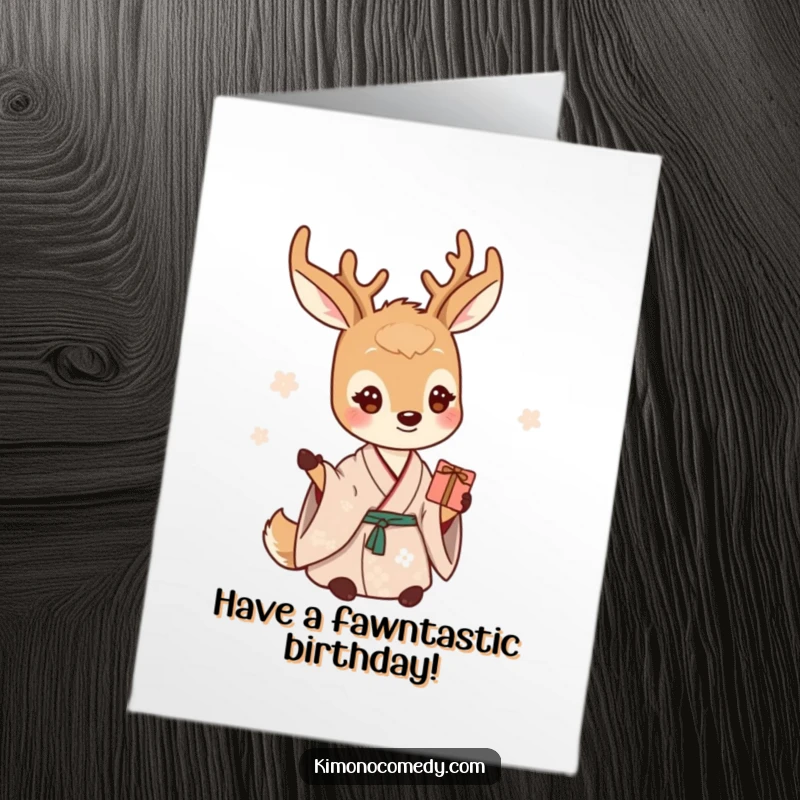 Funny Free Printable Birthday Card: A gentle deer in a serene kimono offers a small gift with a kind smile.