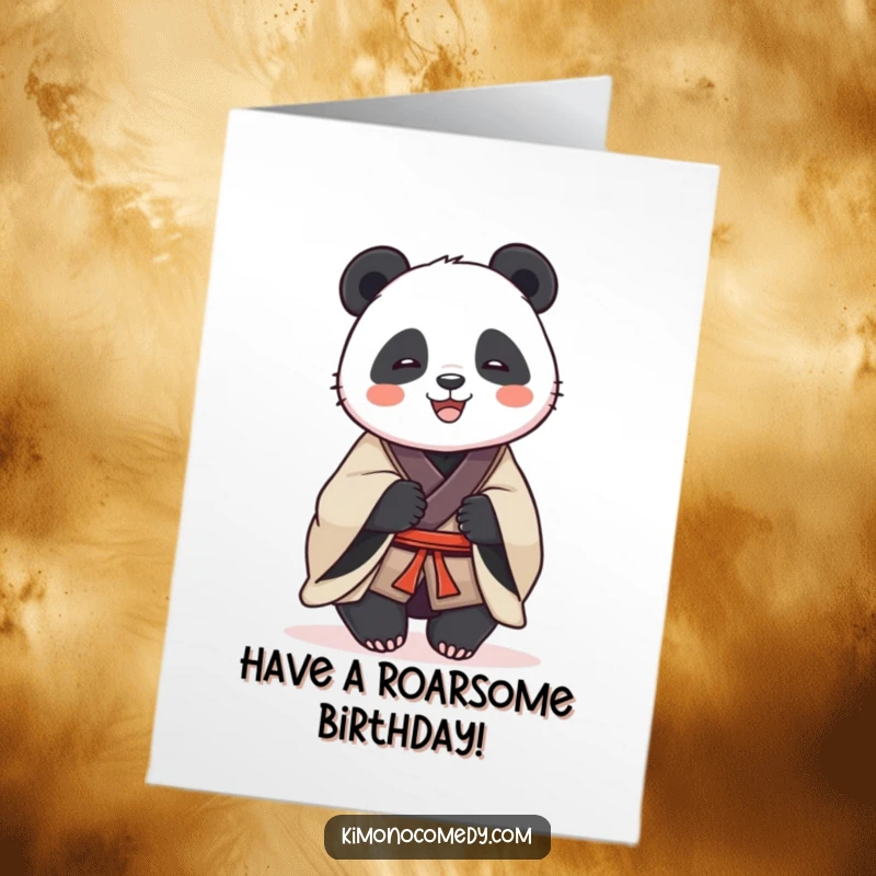 Funny Free Printable Birthday Card: A dignified panda in a traditional kimono shares a hearty, contagious laugh.
