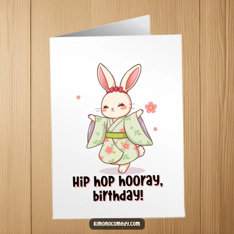 Funny Free Printable Birthday Card: Kawaii rabbit in a floral kimono, arms outstretched, dancing joyfully.