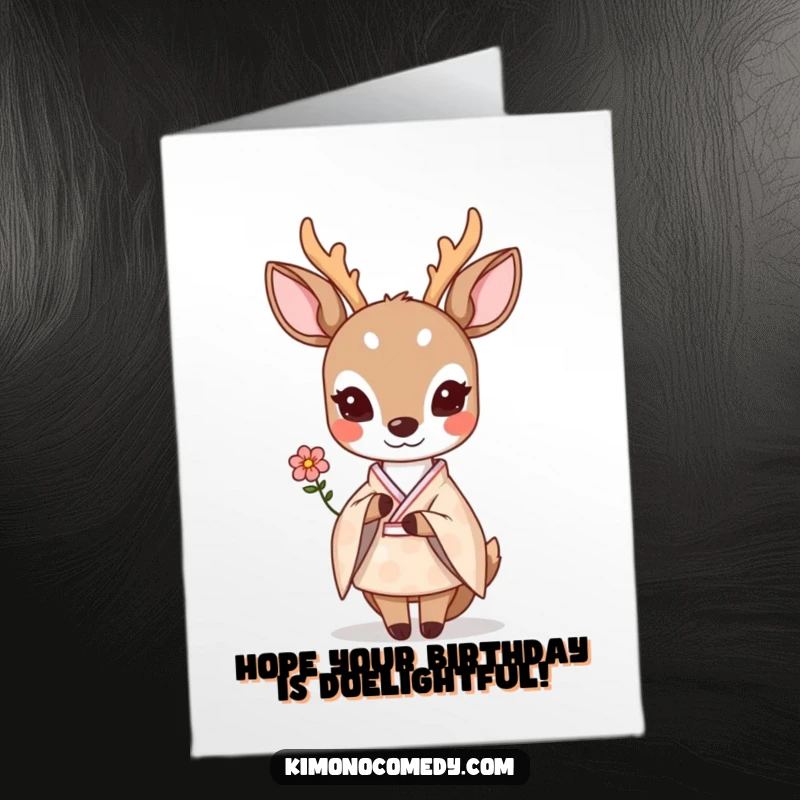Free Printable Birthday Card: A shy kawaii deer in a pastel kimono gently offers a small flower.