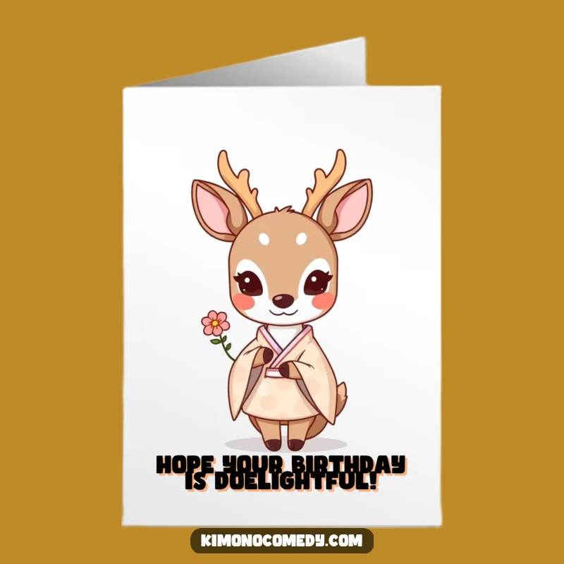 Free Printable Birthday Card: Shy Kawaii Deer Flower - Downloadable