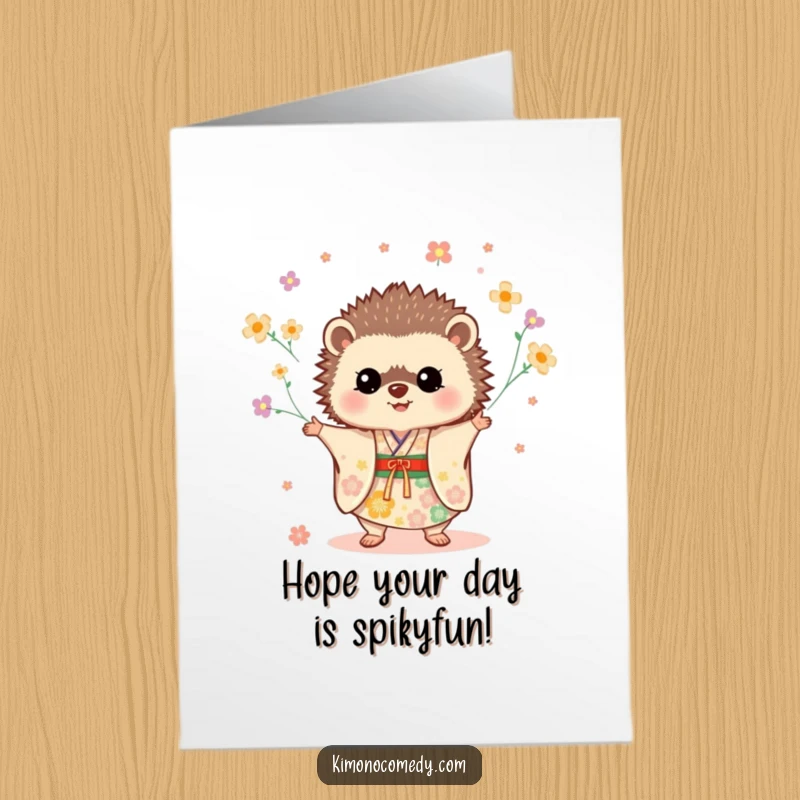 Funny Free Printable Birthday Card: A happy hedgehog in a festive kimono expertly juggles tiny flowers, full of birthday cheer.