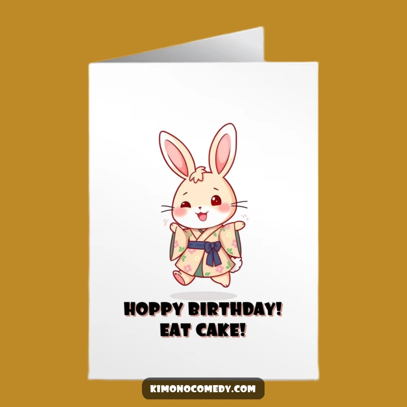 Free Printable Birthday Card: Funny Hopping Rabbit in Floral Kimono, Perfect Downloadable Gift