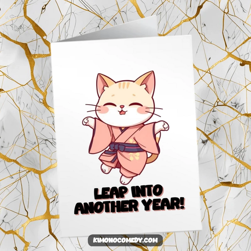 Funny Free Printable Birthday Card: Kawaii cat in elegant kimono, performing a graceful leap with poise and joy.