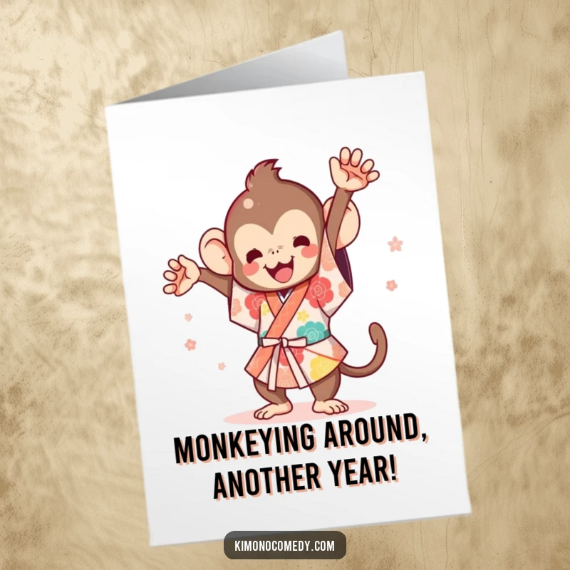 Funny Free Printable Birthday Card: Kawaii monkey in kimono doing a wild flip, celebrating with joy. Perfect for a laugh.