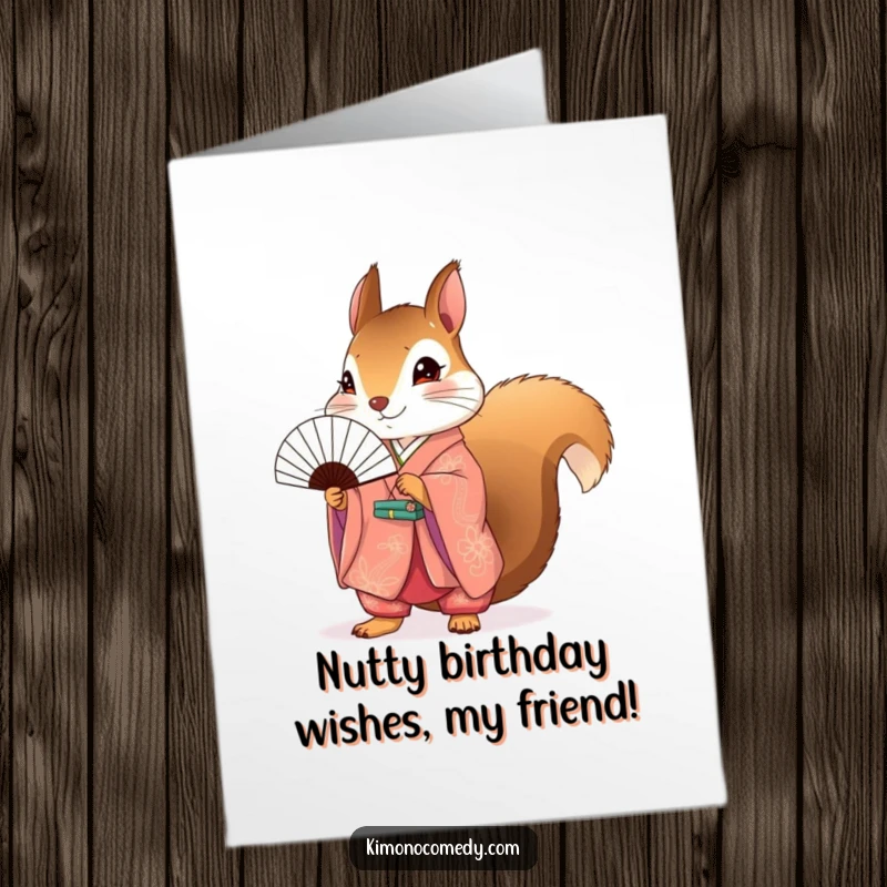 Funny Free Printable Birthday Card: Squirrel in a bright kimono, holding a tiny fan with a mischievous grin, ready to celebrate.