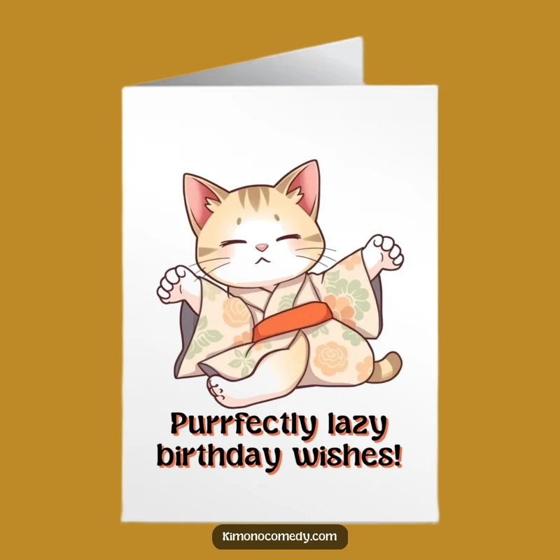 Free Printable Birthday Card: Lazy Cat Kimono Wishes Happy Birthday
