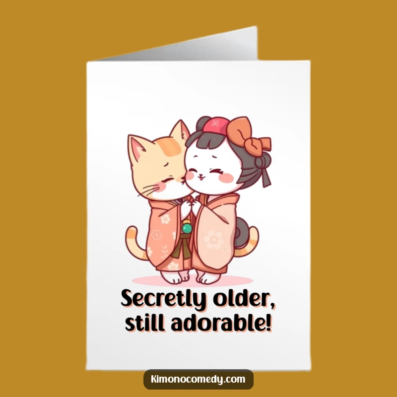 Free Printable Funny Birthday Card: Kawaii Cat Kimono Secret - Hilarious Downloadable Gift