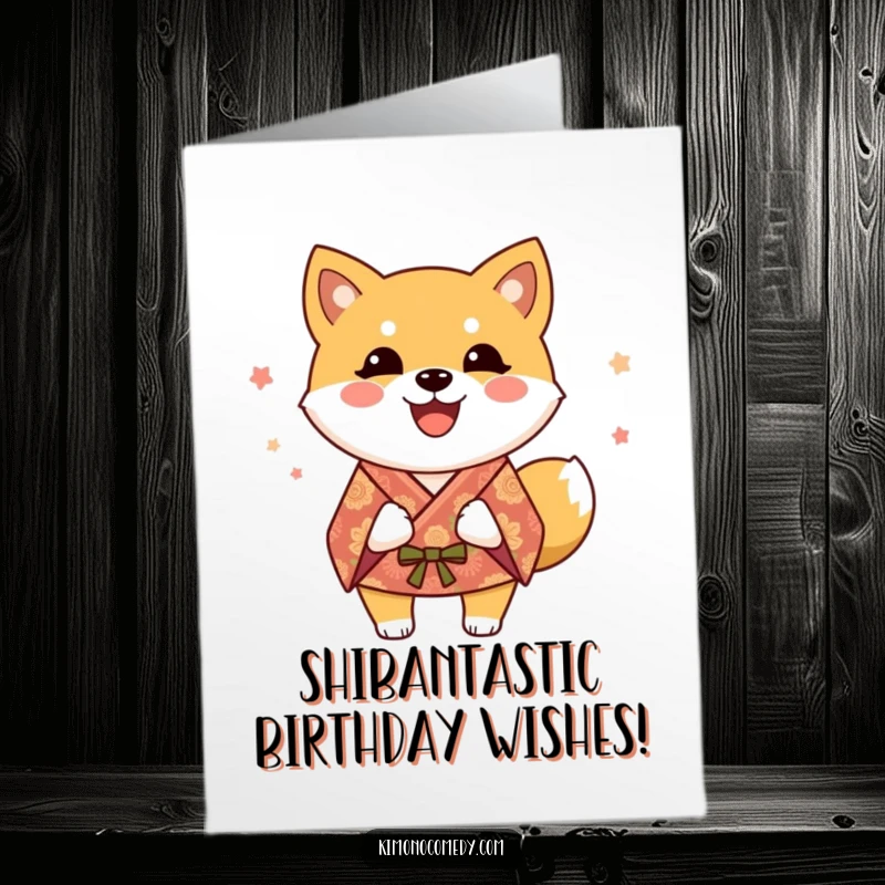 Funny Free Printable Birthday Card: A happy Shiba Inu dog in a festive kimono wagging its tail with birthday cheer.