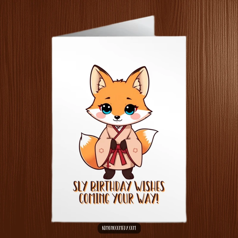 Funny Free Printable Birthday Card: A fox in a traditional kimono strikes a confident, stylish pose, ready for celebration.